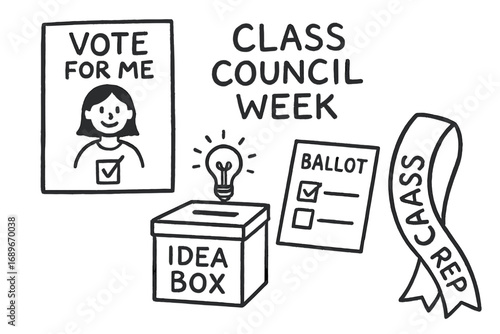Class Council Icons. Class council week doodle set: hand drawn icons for campaign posters, idea box, ballot, and class rep sash,