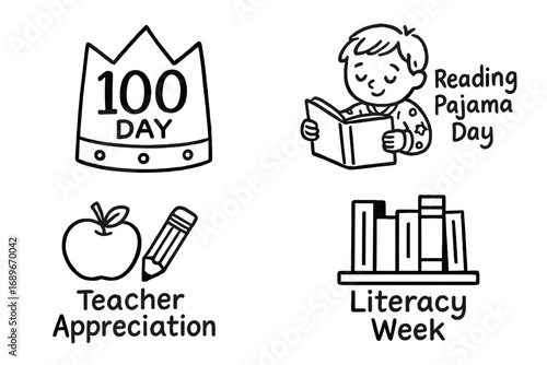 School Celebration Doodle. School celebration days doodle set: hand drawn icons for 100th day crown, reading pajama day, teacher