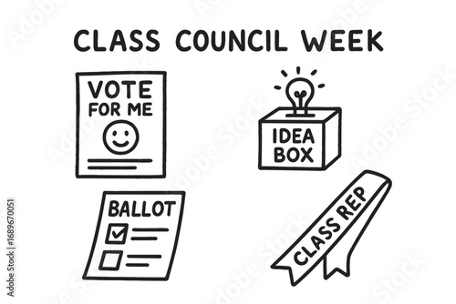 Class Council Icons. Class council week doodle set: hand drawn icons for campaign posters, idea box, ballot, and class rep sash,