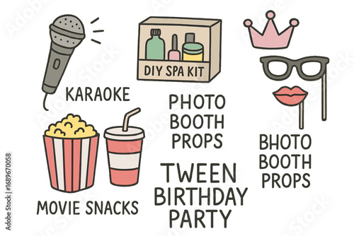 Tween Birthday Icons. Tween birthday party doodle set: hand drawn icons for karaoke mic, DIY spa kit, movie snacks, and photo
