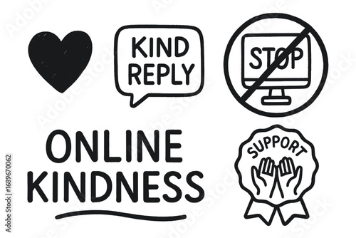 Online Kindness Icons. Online kindness campaign doodle set: hand drawn icons for like heart, no cyberbullying symbol, kind reply,