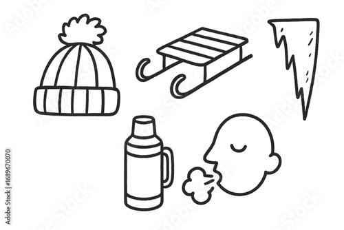 Winter Walk Doodles. Winter walk doodle set: hand drawn icons for wool hat, sled, thermos, frosty breath, and icicle, isolated