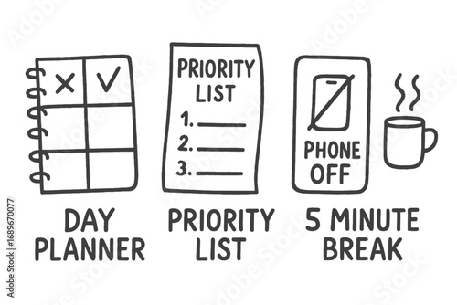 Teen Planner Icons. Teen time management doodle set: hand drawn icons for day planner, priority list, phone off card, and 5-minute