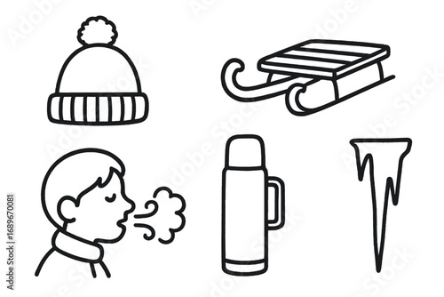 Winter Walk Doodles. Winter walk doodle set: hand drawn icons for wool hat, sled, thermos, frosty breath, and icicle, isolated