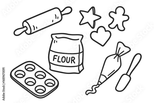 Kids Baking Tools. Kids baking hobby doodle set: hand drawn icons for rolling pin, cookie cutters, flour bag, muffin tin, and