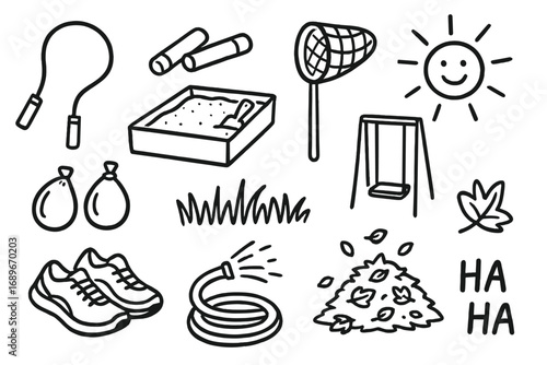 Outdoor Play Doodle Set. Outdoor play doodle icon set: hand drawn icons of jump rope, sidewalk chalk, bug net, sunshine, sandbox,