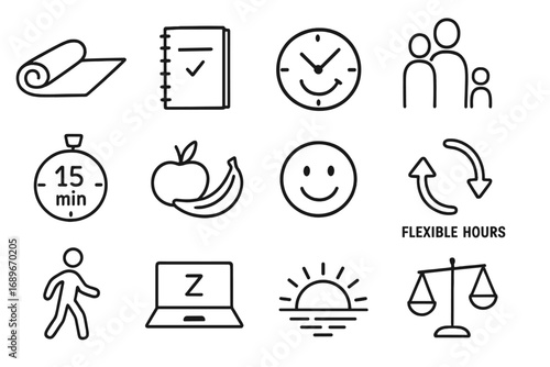 Work-Life Balance Icons. Work-life balance doodle icon set: hand drawn icons of yoga mat, planner, smiley clock, family icon,