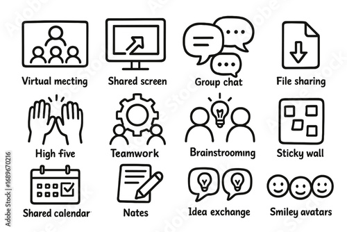 Team Collaboration Doodles. Team collaboration doodle icon set: hand drawn icons of virtual meeting, shared screen, group chat,