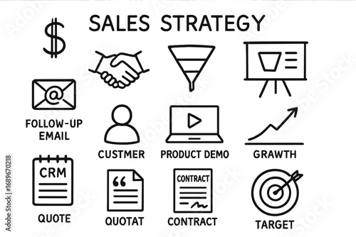 Sales Strategy Icons. Sales strategy doodle icon set: hand drawn icons of dollar sign, handshake, lead funnel, pitch board, follow
