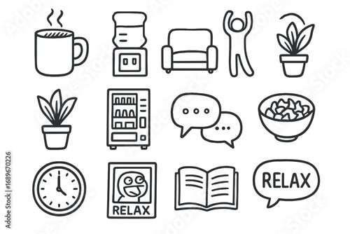 Office Break Doodles. Office break time doodle icon set: hand drawn icons of coffee mug, water cooler, sofa seat, stretch pose,