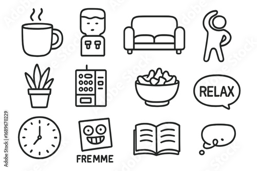 Office Break Doodles. Office break time doodle icon set: hand drawn icons of coffee mug, water cooler, sofa seat, stretch pose,