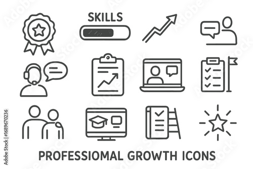 Professional Growth Icons. Professional growth doodle icon set: hand drawn icons of certification badge, skills bar, growth arrow,