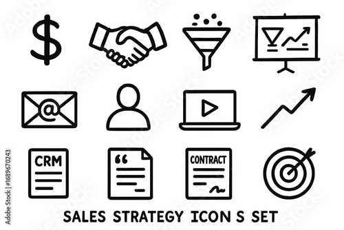 Sales Strategy Icons. Sales strategy doodle icon set: hand drawn icons of dollar sign, handshake, lead funnel, pitch board, follow