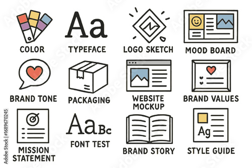 Brand Identity Doodles. Brand identity doodle icon set: hand drawn icons of color palette, typeface, logo sketch, mood board,
