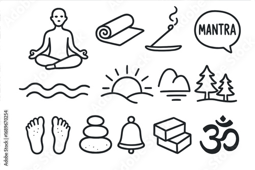 Yoga Doodle Icon Set. Yoga and mindfulness doodle icon set: hand drawn icons of lotus pose, yoga mat, incense stick, breathing