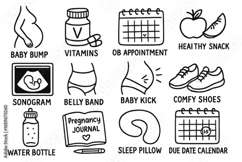 Pregnancy Health Doodles. Pregnancy health doodle icon set: hand drawn icons of baby bump, vitamins, OB appointment, healthy snack