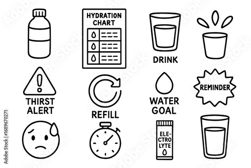 Hydration Icons Set. Hydration reminders doodle icon set: hand drawn icons of water bottle, hydration chart, drink icon, splash