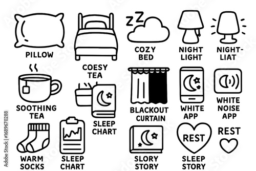 Sleep Essentials Icons. Sleep and rest doodle icon set: hand drawn icons of pillow, cozy bed, zzz cloud, night light, soothing tea