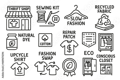 Sustainable Fashion Icons. Sustainable fashion doodle icon set: hand drawn icons of thrift shop, sewing kit, slow fashion hanger,