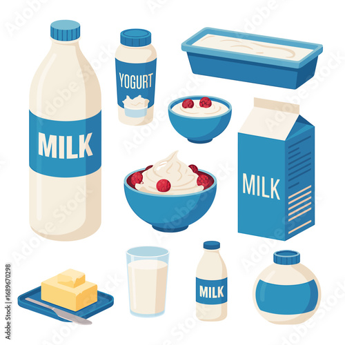 Minimalist flat illustration of dairy products and milk carton