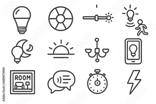 Smart Lighting Icons. Smart lighting doodle icon set: hand drawn icons of LED smart bulb, color wheel, brightness slider,