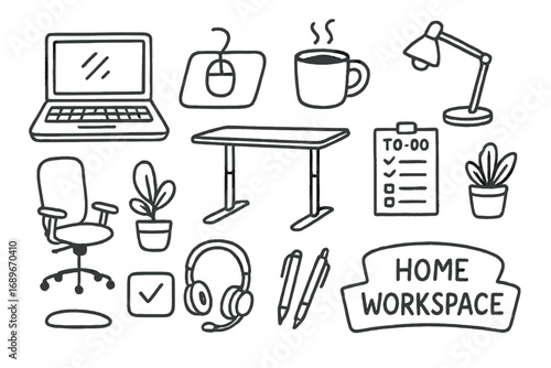 Home Office Icons. Home office setup doodle icon set: hand drawn icons of laptop, mousepad, standing desk, coffee mug, task light,
