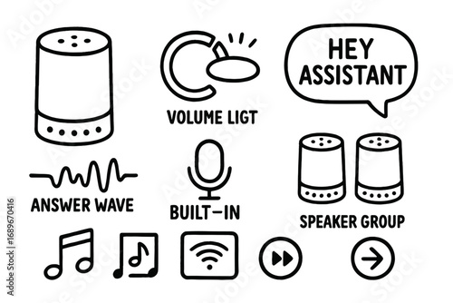 Smart Speaker Icons. Smart speaker doodle icon set: hand drawn icons of speaker device, volume ring, voice light, “hey assistant”