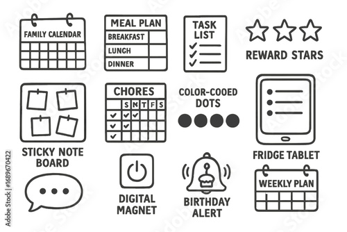 Family Organizing Icons. Digital family board doodle icon set: hand drawn icons of family calendar, meal plan chart, task list,