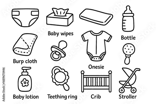 Baby Care Essentials Icons. Baby care doodle icon set: hand drawn icons of diapers, baby wipes, changing pad, bottle, burp cloth,