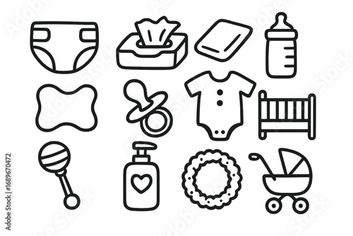 Baby Care Essentials Icons. Baby care doodle icon set: hand drawn icons of diapers, baby wipes, changing pad, bottle, burp cloth,