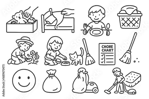 Children's Chores Doodle Icons. Children’s chores doodle icon set: hand drawn icons of toy cleanup, bed making, laundry basket,