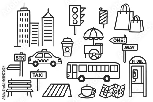 Urban Doodle Montage. City life: hand drawn doodles of skyscrapers, taxis, traffic lights, buses, street vendors, coffee cups,