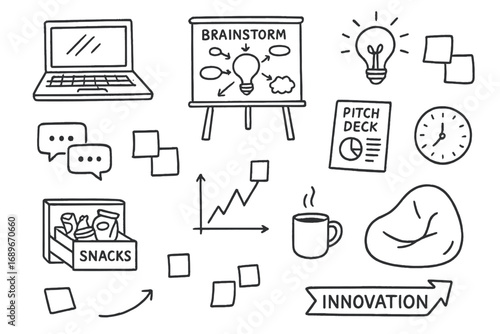 Startup Doodle Icons. Tech startup life: hand drawn doodles of laptops, whiteboards, brainstorming lightbulbs, chat windows, pitch