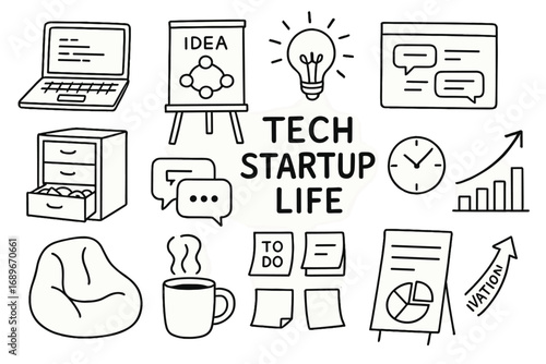 Startup Doodle Icons. Tech startup life: hand drawn doodles of laptops, whiteboards, brainstorming lightbulbs, chat windows, pitch