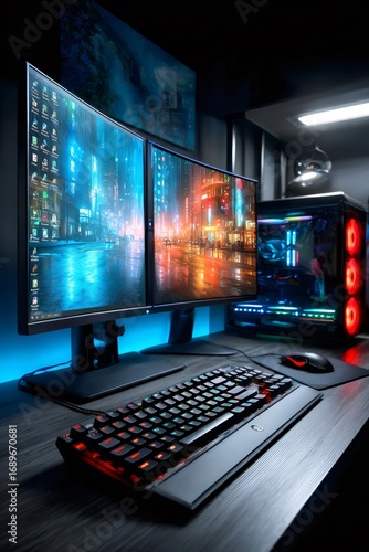 Modern gaming computer setup with dual monitors and rgb lighting
