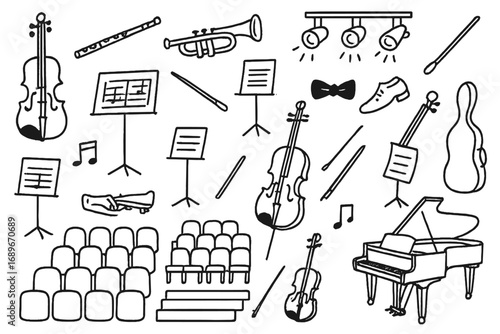 Musical Instruments Doodle. Orchestra hall: hand drawn doodles of violins, flutes, trumpets, sheet music, conductor batons, stands