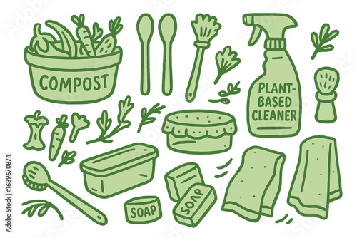 Eco-Friendly Kitchen Elements. Green kitchen: hand drawn doodles of compost bowls, wooden spoons, plant-based cleaners, dish