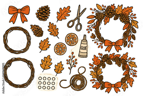 Autumn Wreath Crafting. Autumn DIY wreaths: hand drawn doodles of grapevine bases, ribbons, pinecones, leaves, scissors, glue dots