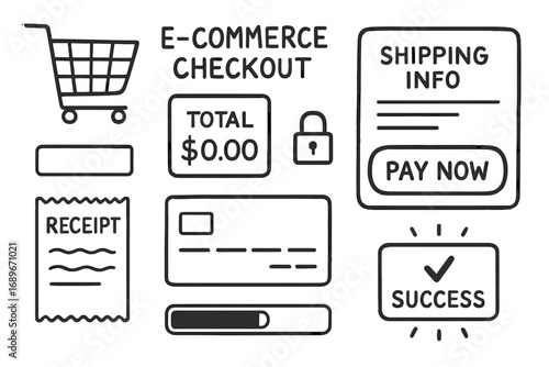 E-Commerce Doodle Elements. E-commerce checkout: hand drawn doodles of shopping carts, total amount, shipping info, pay now button