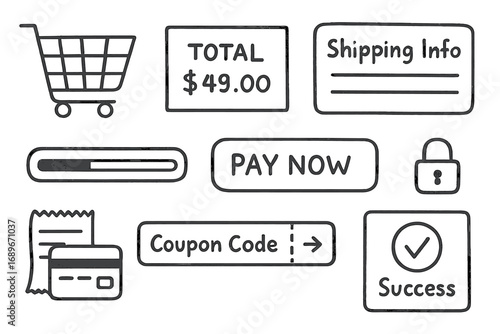 E-Commerce Doodle Elements. E-commerce checkout: hand drawn doodles of shopping carts, total amount, shipping info, pay now button