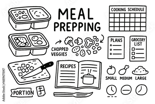 Meal Prep Essentials. Meal prepping: hand drawn doodles of food containers, chopped veggies, cooking schedule, planner notes,