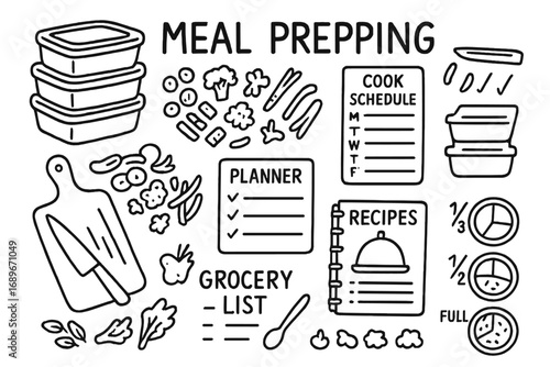 Meal Prep Essentials. Meal prepping: hand drawn doodles of food containers, chopped veggies, cooking schedule, planner notes,