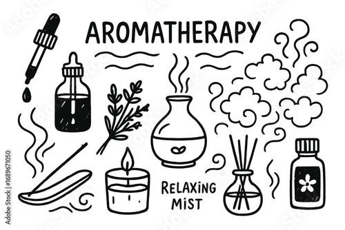 Aromatherapy Doodle Elements. Aromatherapy: hand drawn doodles of oil droppers, diffusers, incense sticks, herbs, candles, scent
