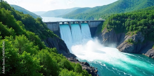 Hydroelectric dam generating clean energy, water flowing powerfully, lush green landscape reflecting sustainable power Environmental responsibility, renewable resource , lake, nature