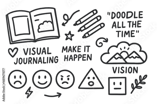 Visual Journaling Elements. Visual journaling: hand drawn doodles of sketchbook, markers, quotes, emotions in shapes, symbols, and