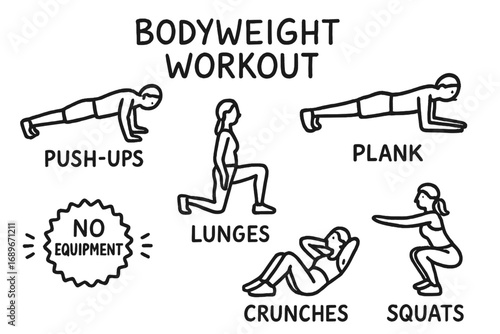 Bodyweight Workout Doodles. Bodyweight workout: hand drawn doodles of push-ups, planks, lunges, crunches, squats, and no-equipment