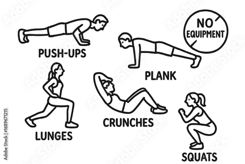 Bodyweight Workout Doodles. Bodyweight workout: hand drawn doodles of push-ups, planks, lunges, crunches, squats, and no-equipment