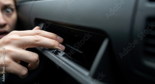Shocked woman opening empty car glove compartment with worried expression
