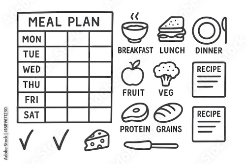 Weekly Meal Planner. Meal planning board: hand drawn doodles of weekly grid, breakfast/lunch/dinner icons, food groups, recipe