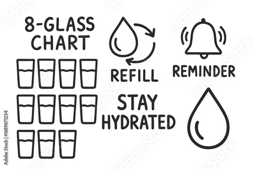 Hydration Tracking Doodles. Water challenge: hand drawn doodles of 8-glass chart, refill icon, reminder bell, hydration quote, and